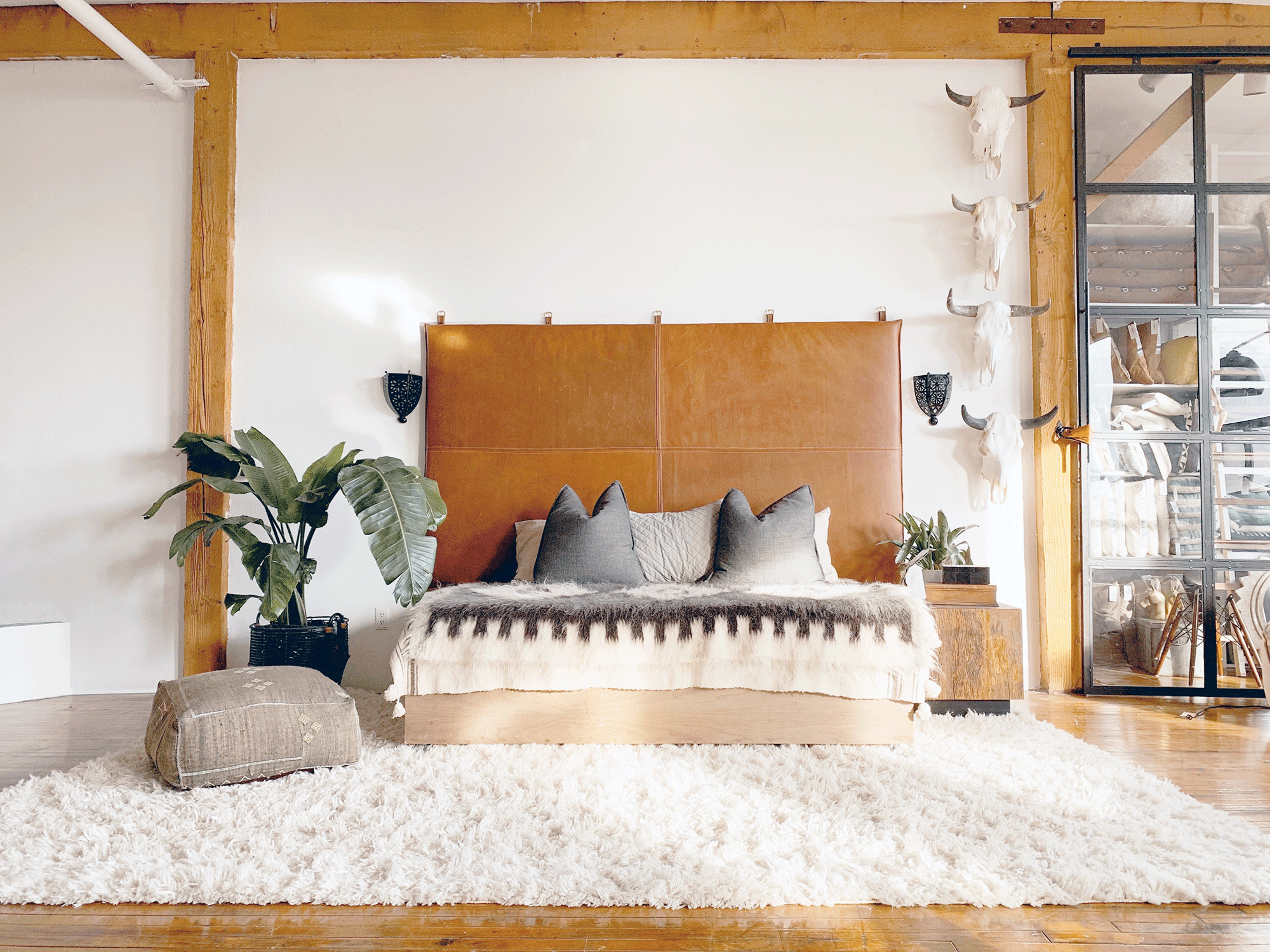 leather hanging headboard with walnut wood bed frame