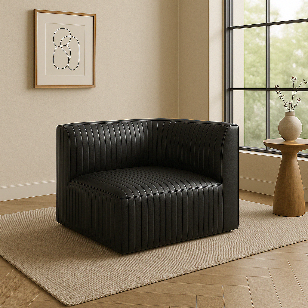 Ribbed Black Leather Sofa or Banquette
