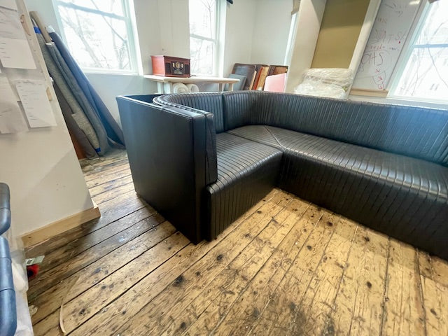 Ribbed Black Leather Sofa or Banquette