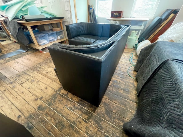 Ribbed Black Leather Sofa or Banquette