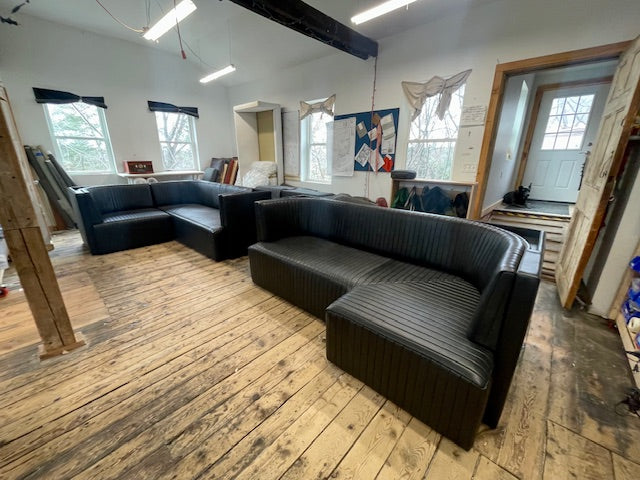 Ribbed Black Leather Sofa or Banquette