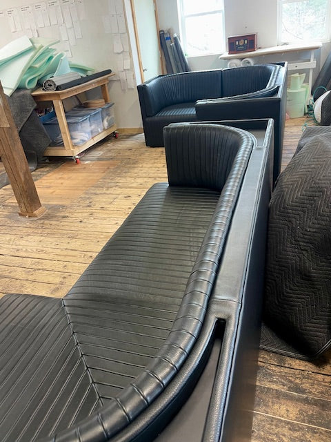Ribbed Black Leather Sofa or Banquette