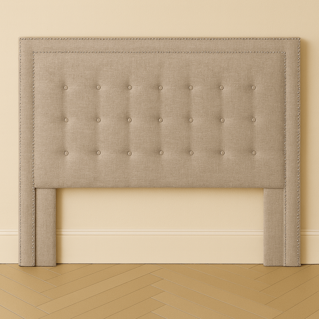 Beige Hotel Headboard with Double Nailhead Trim - bedroomBrownheadboardHUNTEDFOX - Modern linen headboard with nailhead accents and upholstered legs