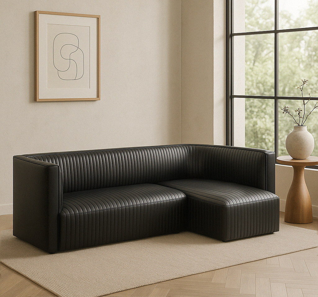 Ribbed Black Leather Sofa or Banquette