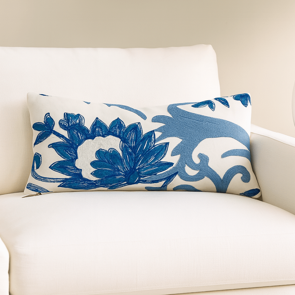 Blue And White White Floral Embroidered Throw Pillow - BlueboldbotanicalHUNTEDFOX - Blue And White White Floral Embroidered Throw Pillow