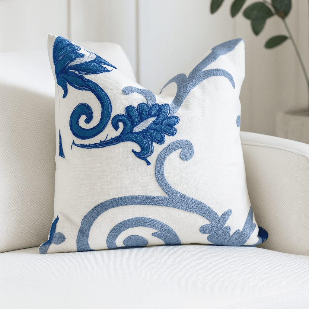 Blue And White White Floral Embroidered Throw Pillow - BlueboldbotanicalHUNTEDFOX - Blue And White White Floral Embroidered Throw Pillow