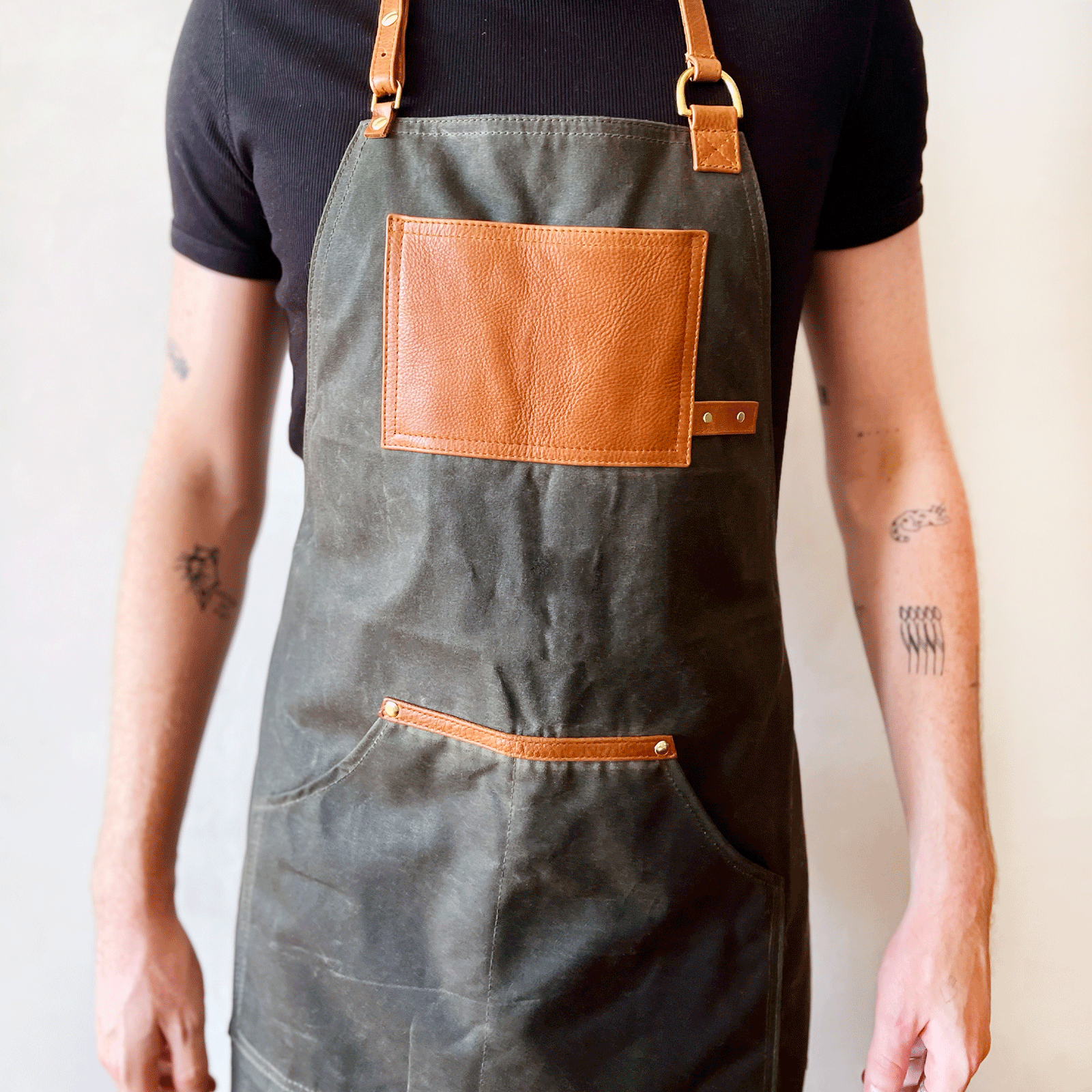 Custom Apron | Olive Green Waxed Canvas Apron with Brown Leather