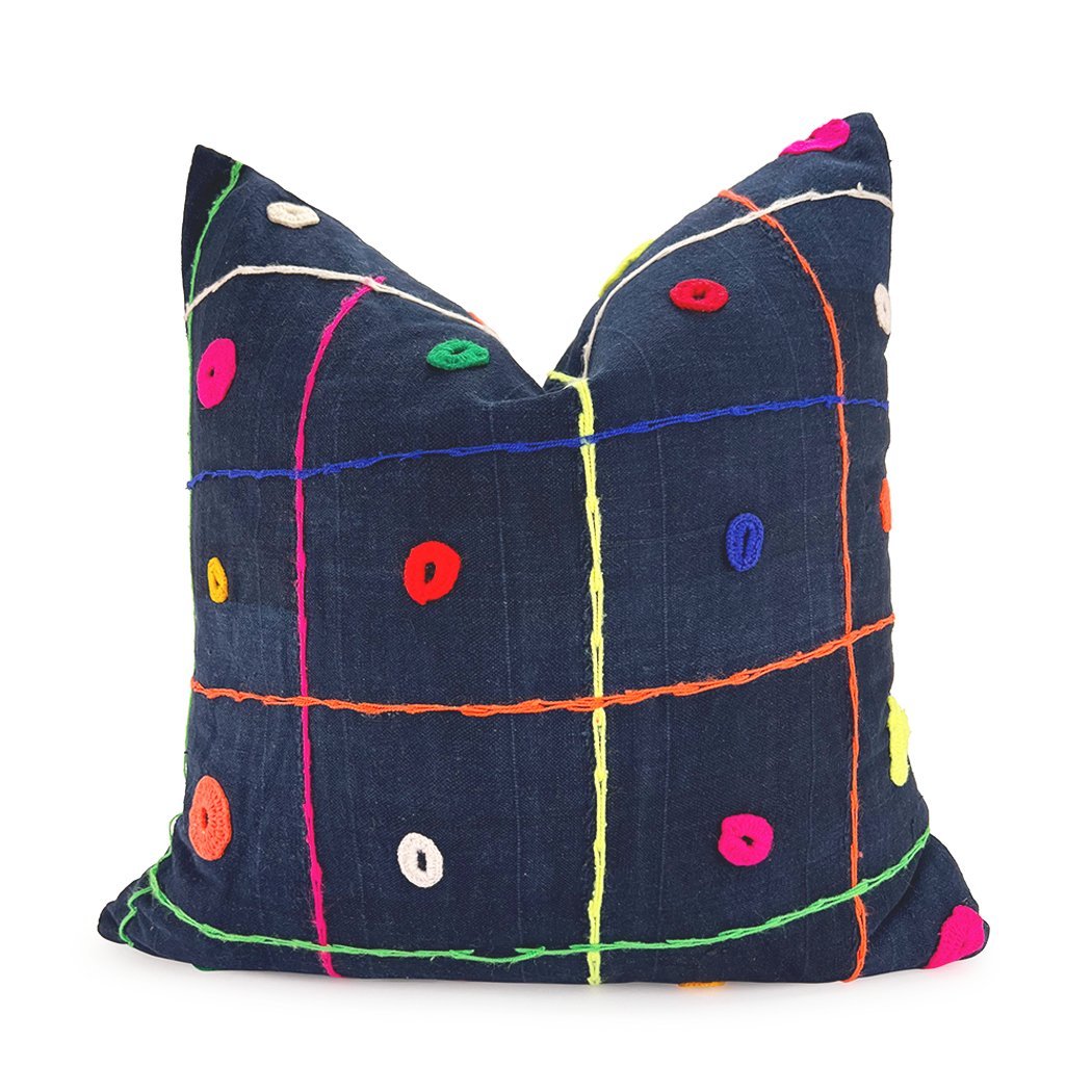 Handwoven Indigo Pillow with Neon Pink and Yellow Embroidery - blueINDIGO & SHIBORIkidsHUNTEDFOX - Handwoven Indigo Pillow with Neon Pink and Yellow Embroidery - blueINDIGO & SHIBORIkidsHUNTEDFOX - Handwoven Indigo Pillow with Neon Pink and Yellow Embroidery