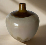 MCM Round Stout Pottery Vase with Drip Glaze in Brown and Tan Earth Tones - HUNTEDFOX