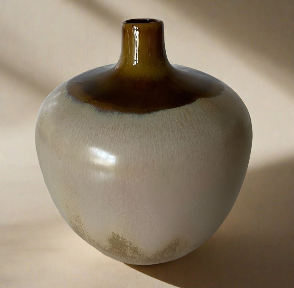 MCM Round Stout Pottery Vase with Drip Glaze in Brown and Tan Earth Tones - HUNTEDFOX