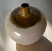 MCM Round Stout Pottery Vase with Drip Glaze in Brown and Tan Earth Tones - BrownCeramicHOME DECORHUNTEDFOX - MCM Round Stout Pottery Vase with Drip Glaze in Brown and Tan Earth Tones - HUNTEDFOX