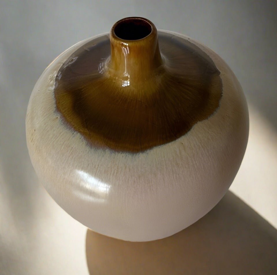 MCM Round Stout Pottery Vase with Drip Glaze in Brown and Tan Earth Tones - BrownCeramicHOME DECORHUNTEDFOX - MCM Round Stout Pottery Vase with Drip Glaze in Brown and Tan Earth Tones - HUNTEDFOX