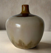 MCM Round Stout Pottery Vase with Drip Glaze in Brown and Tan Earth Tones - BrownCeramicHOME DECORHUNTEDFOX - MCM Round Stout Pottery Vase with Drip Glaze in Brown and Tan Earth Tones - HUNTEDFOX