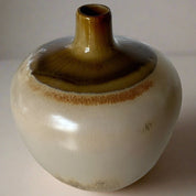 MCM Round Stout Pottery Vase with Drip Glaze in Brown and Tan Earth Tones - BrownCeramicHOME DECORHUNTEDFOX - MCM Round Stout Pottery Vase with Drip Glaze in Brown and Tan Earth Tones - HUNTEDFOX