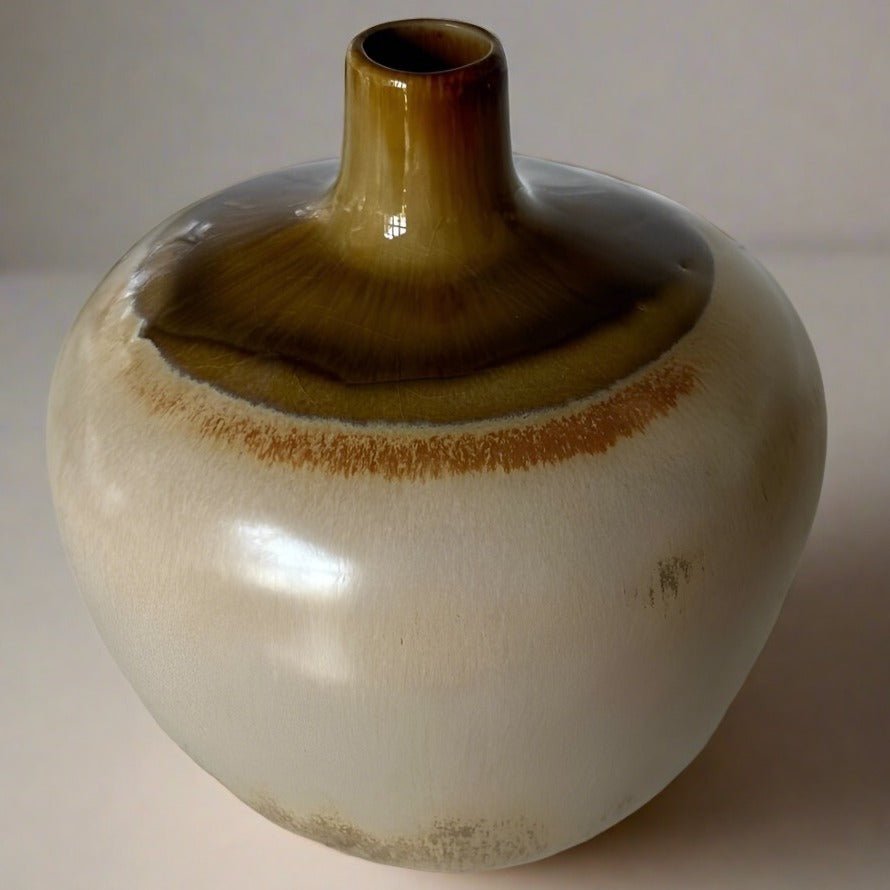 MCM Round Stout Pottery Vase with Drip Glaze in Brown and Tan Earth Tones - BrownCeramicHOME DECORHUNTEDFOX - MCM Round Stout Pottery Vase with Drip Glaze in Brown and Tan Earth Tones - HUNTEDFOX