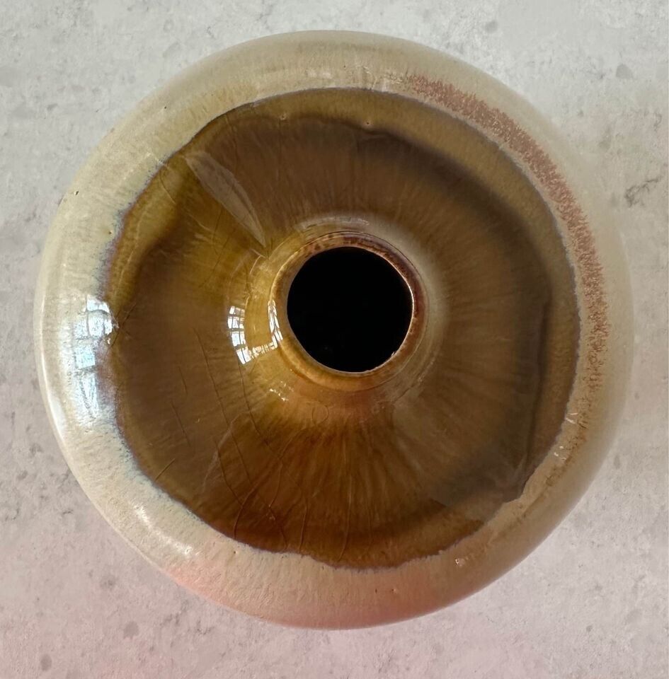 MCM Round Stout Pottery Vase with Drip Glaze in Brown and Tan Earth Tones - BrownCeramicHOME DECORHUNTEDFOX - MCM Round Stout Pottery Vase with Drip Glaze in Brown and Tan Earth Tones - HUNTEDFOX