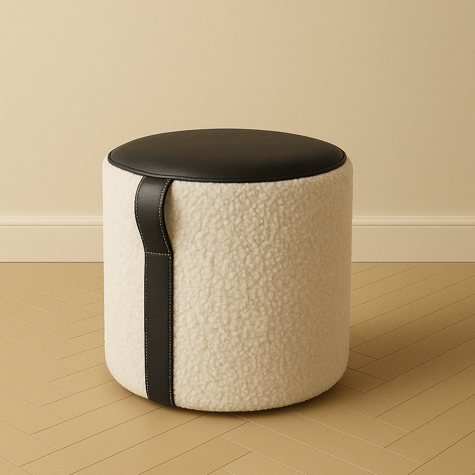 Modern Shearling + Leather Pouf – 18" Round Ottoman with Handle - H|F AtelierLEATHERottomanHUNTEDFOX - Modern Shearling + Leather Pouf – 18" Round Ottoman with Handle