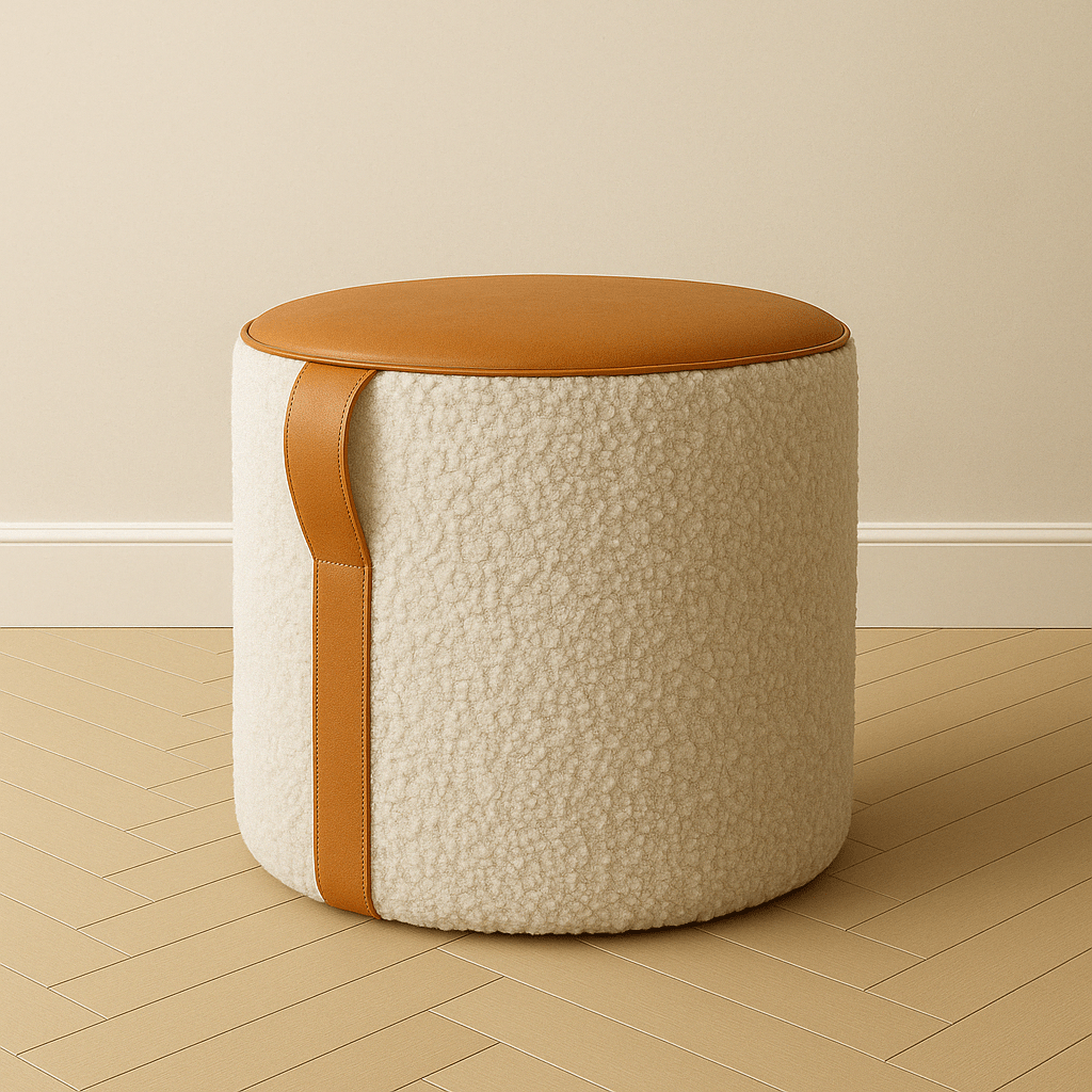 Modern Shearling + Leather Pouf – 18" Round Ottoman with Handle - H|F AtelierLEATHERottomanHUNTEDFOX - Modern Shearling + Leather Pouf – 18" Round Ottoman with Handle