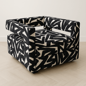Modern Swivel "Graffiti" Accent Chair – Cutout Back + Sculpted Arms - Black & WhitefurnitureH|F AtelierHUNTEDFOX - Modern swivel accent chair with cutout back, angled arms, and tight seat. Sustainable hardwood frame and eco - conscious padding. Handcrafted in the USA.