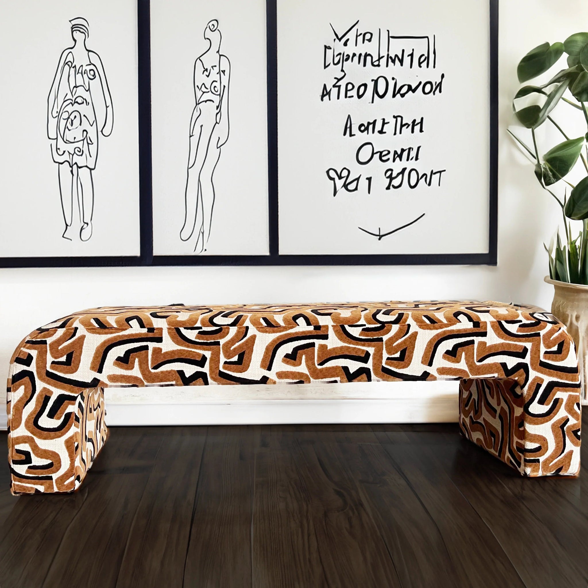 Modern Upholstered Bench | Black & Ivory Geometric Fabric with Rounded Corners - H|F Atelierluxury upholstered seatingSEATINGHUNTEDFOX - Modern Upholstered Bench | Black & Ivory Geometric Fabric with Rounded Corners