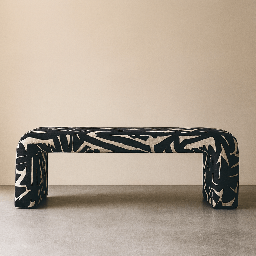 Modern Upholstered Bench | Black & Ivory Geometric Fabric with Rounded Corners - H|F Atelierluxury upholstered seatingSEATINGHUNTEDFOX - Modern Upholstered Bench | Black & Ivory Geometric Fabric with Rounded Corners