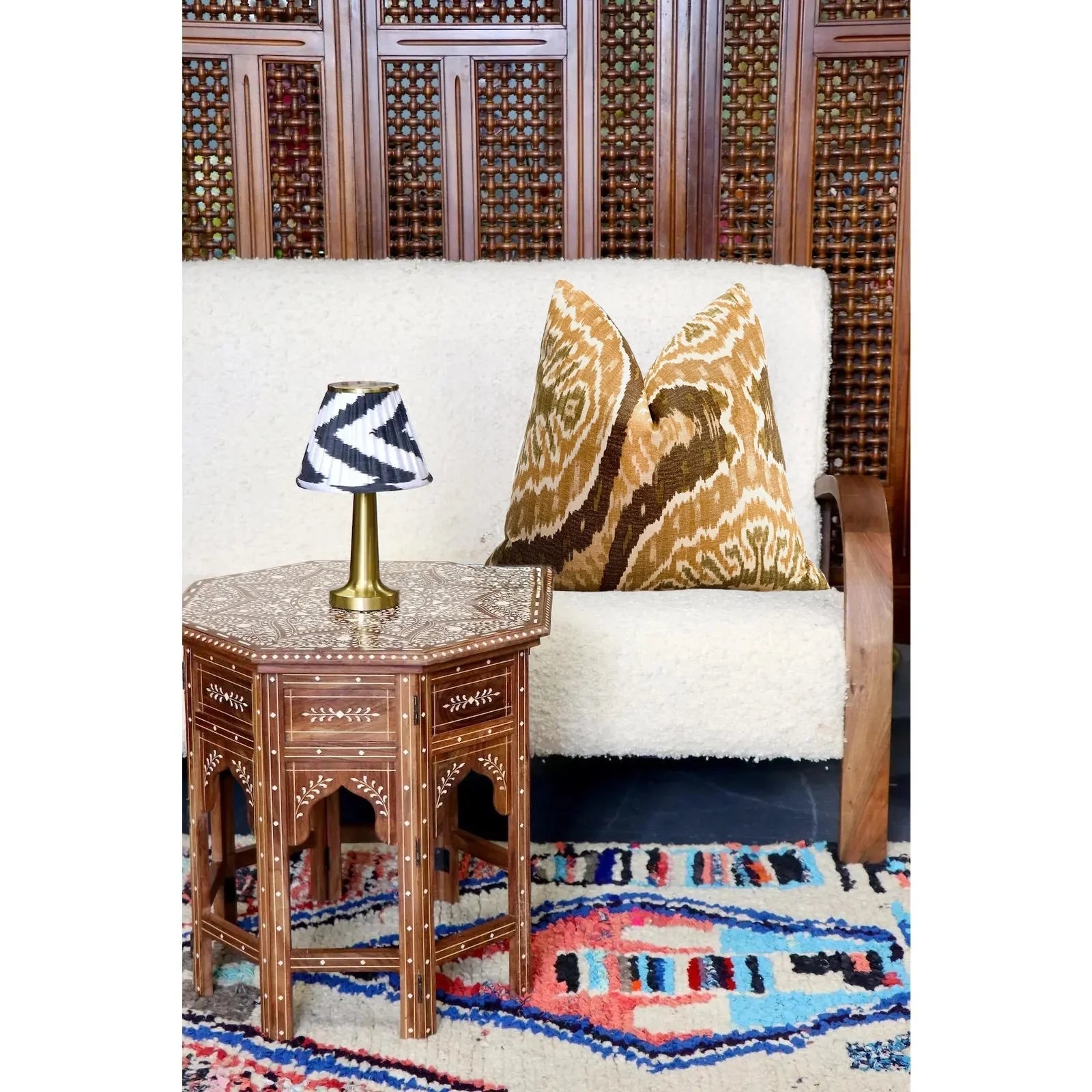 Mustard Yellow & Brown Ikat Throw Pillow - boldBrownkidsHUNTEDFOX - Mustard Yellow & Brown Ikat Throw Pillow - boldBrownkidsHUNTEDFOX - modern boho living room with gold ikat pillow