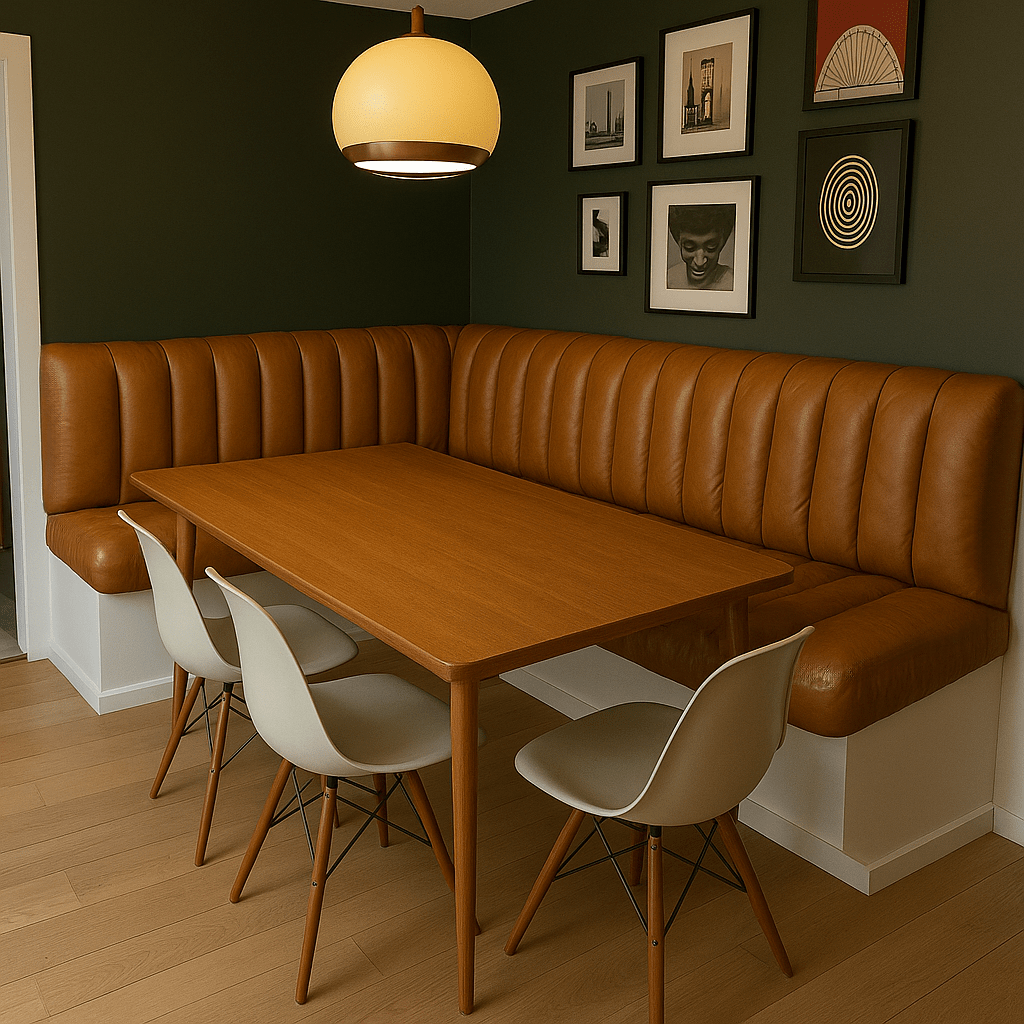 Overstuffed leather banquette – custom retro dining nook seating - H|F AtelierShopify CollectiveHUNTEDFOX - Overstuffed leather banquette – custom retro dining nook seating