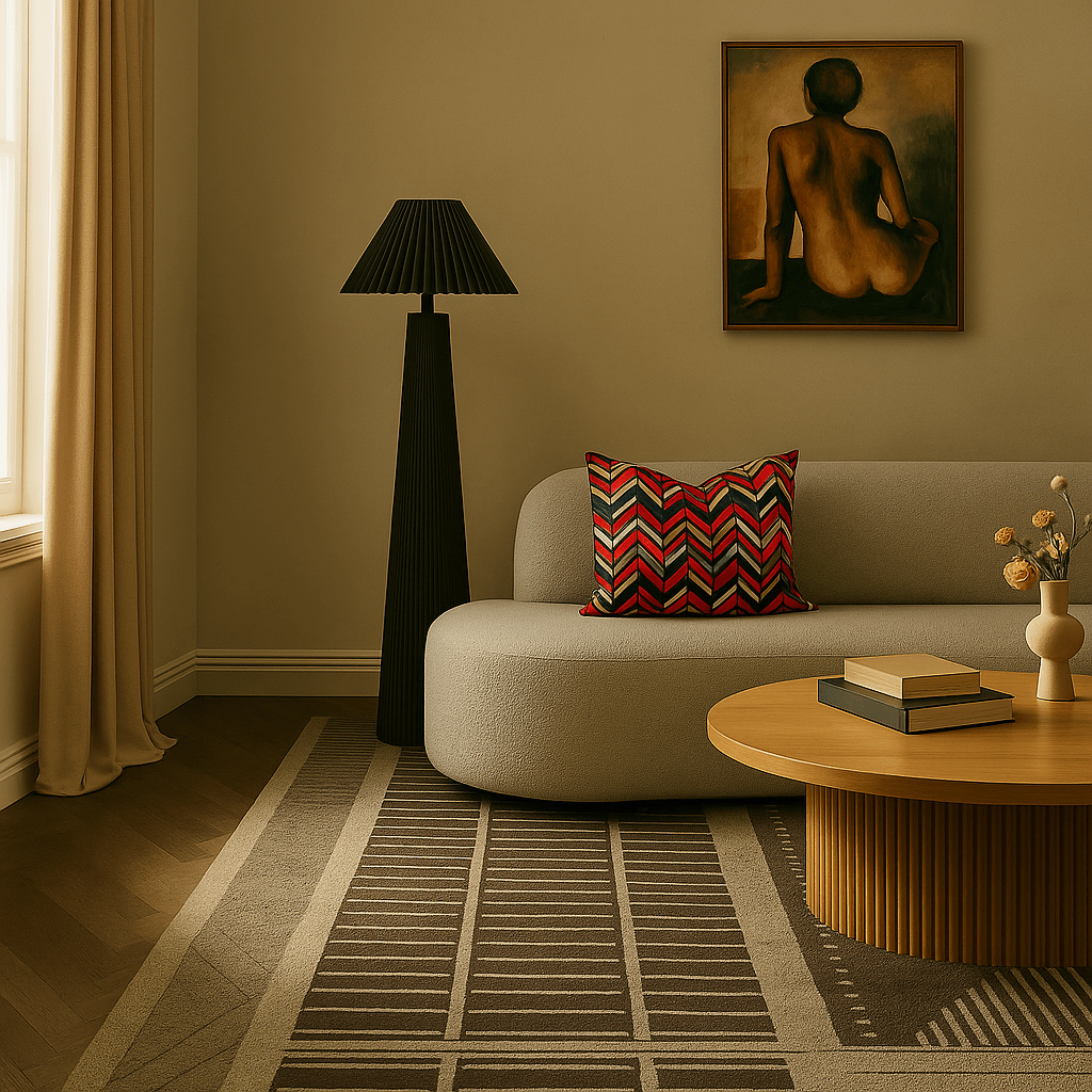 Red White Black & Mustard Modern Chevron Throw Pillow - BlackBlack & WhiteBoldHUNTEDFOX - Red modern accent pillow on neutral sofa in warm living room