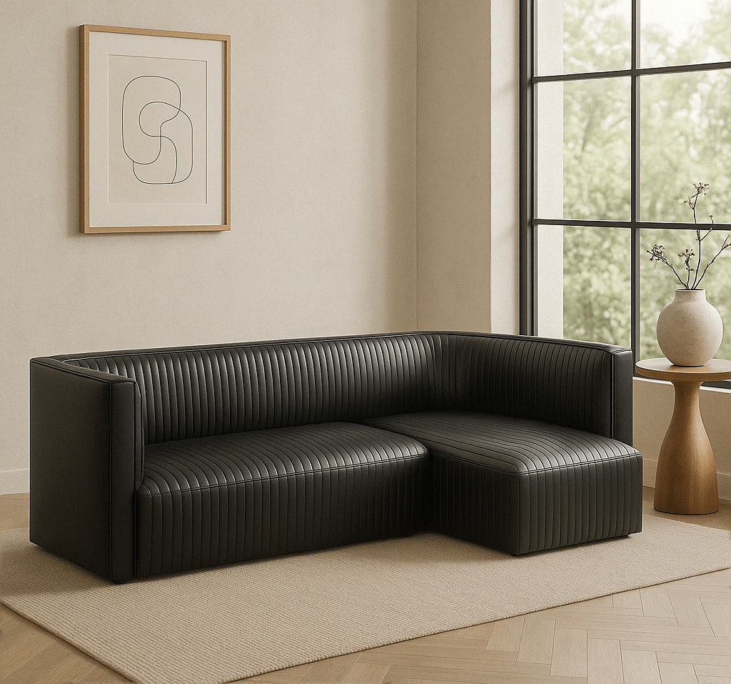 Ribbed Black Leather Sofa or Banquette - black leather banquettecustom banquette seatingfurnitureHUNTEDFOX - Custom black leather L - shaped banquette with vertical ribbed stitching and low - profile base, placed in a modern studio setting with natural light.