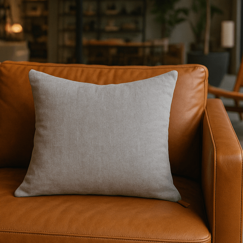 Stone Washed Light Grey Accent Pillow - CHIC CHALETEssentialGreyHUNTEDFOX - Gray pillow on a brown leather sofa in a cozy living room setting.