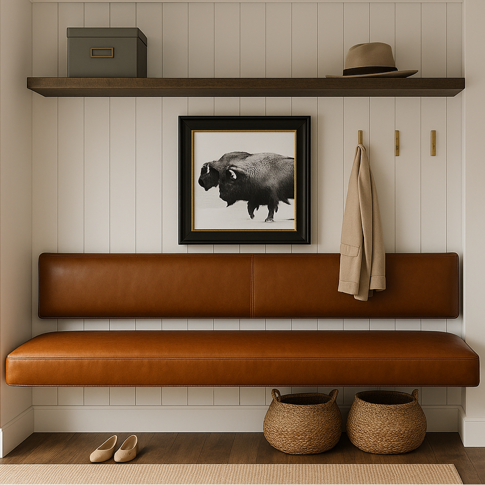 Floating Brown Leather Bench for Restaurant Dining, Entryway or Kitchen