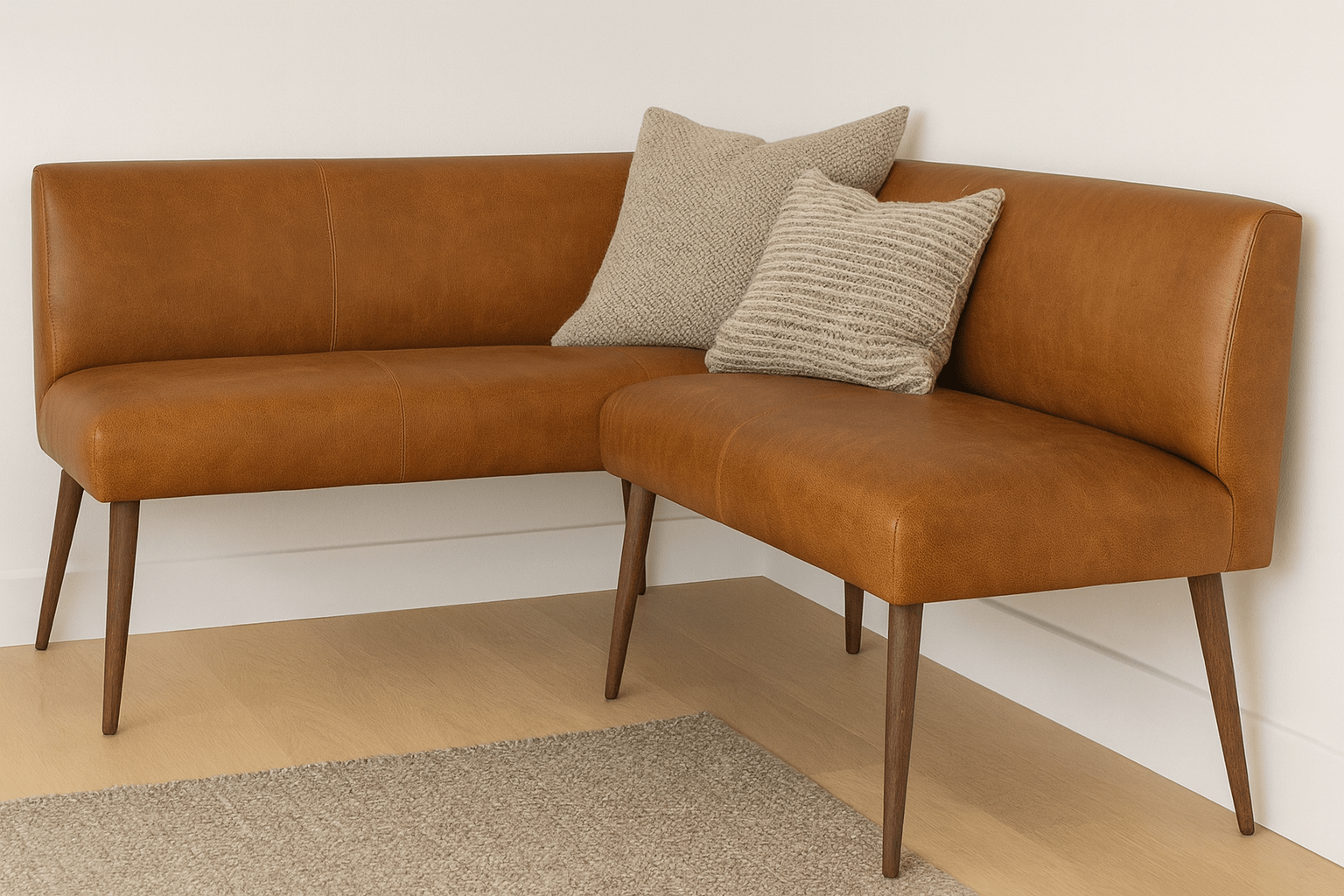 Whiskey Leather Corner Bench with Walnut Legs – Modern Dining - HUNTEDFOX - Whiskey leather corner bench with walnut legs – dining nook seating