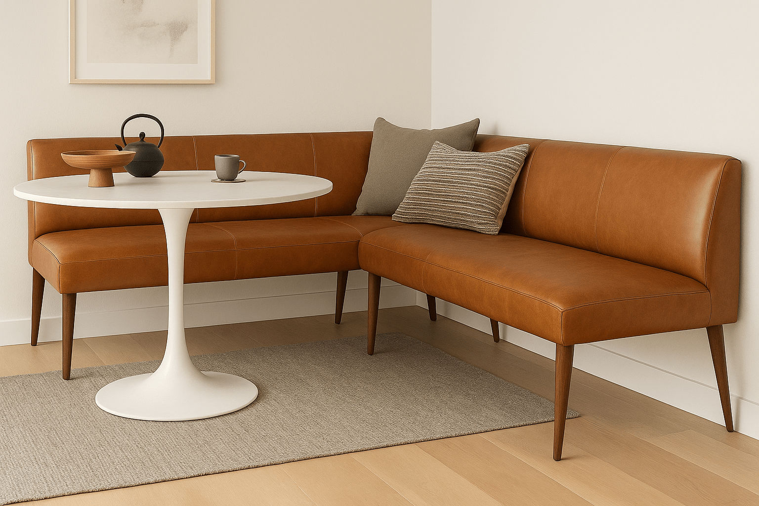 Whiskey Leather Corner Bench with Walnut Legs – Modern Dining - HUNTEDFOX - Whiskey Leather Corner Bench with Walnut Legs – Modern Dining