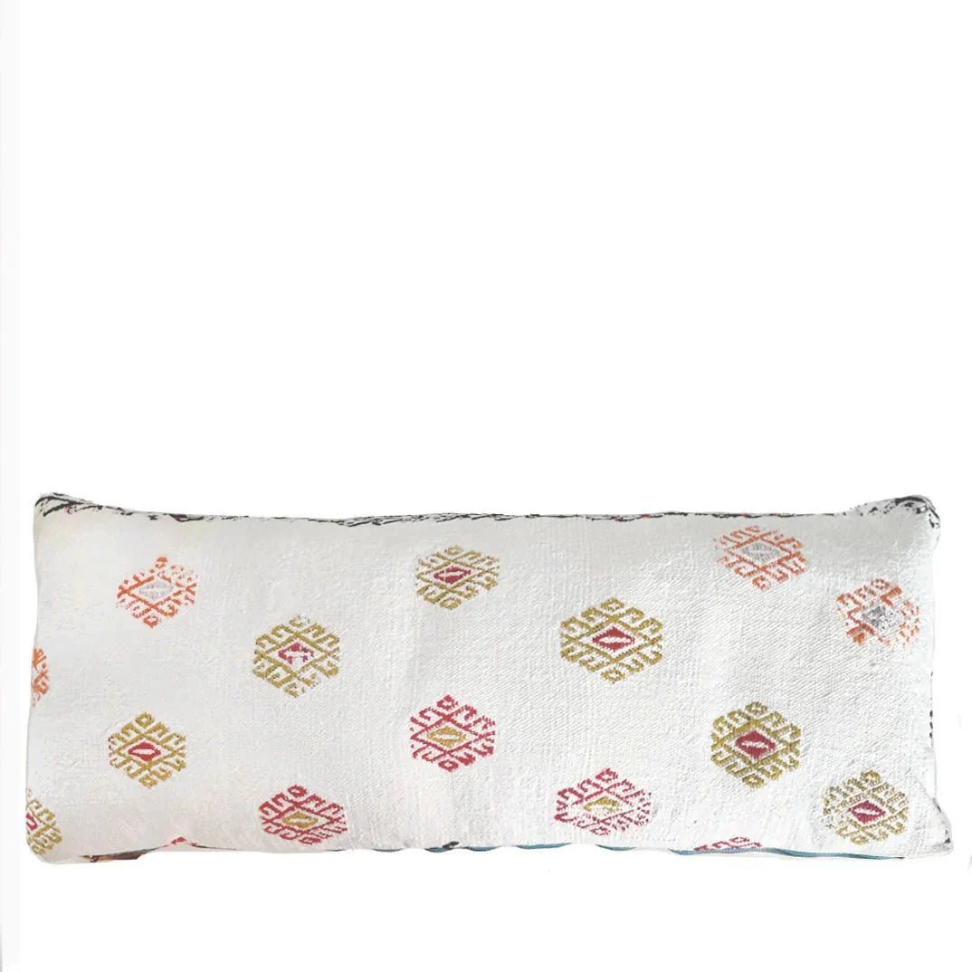 White Lumbar Pillow | Vintage Cushions for Modern Decor - long pillowlumbarOrangeHUNTEDFOX - Artisan handwoven pillow with pops of vibrant colors, perfect for modern or rustic decor.