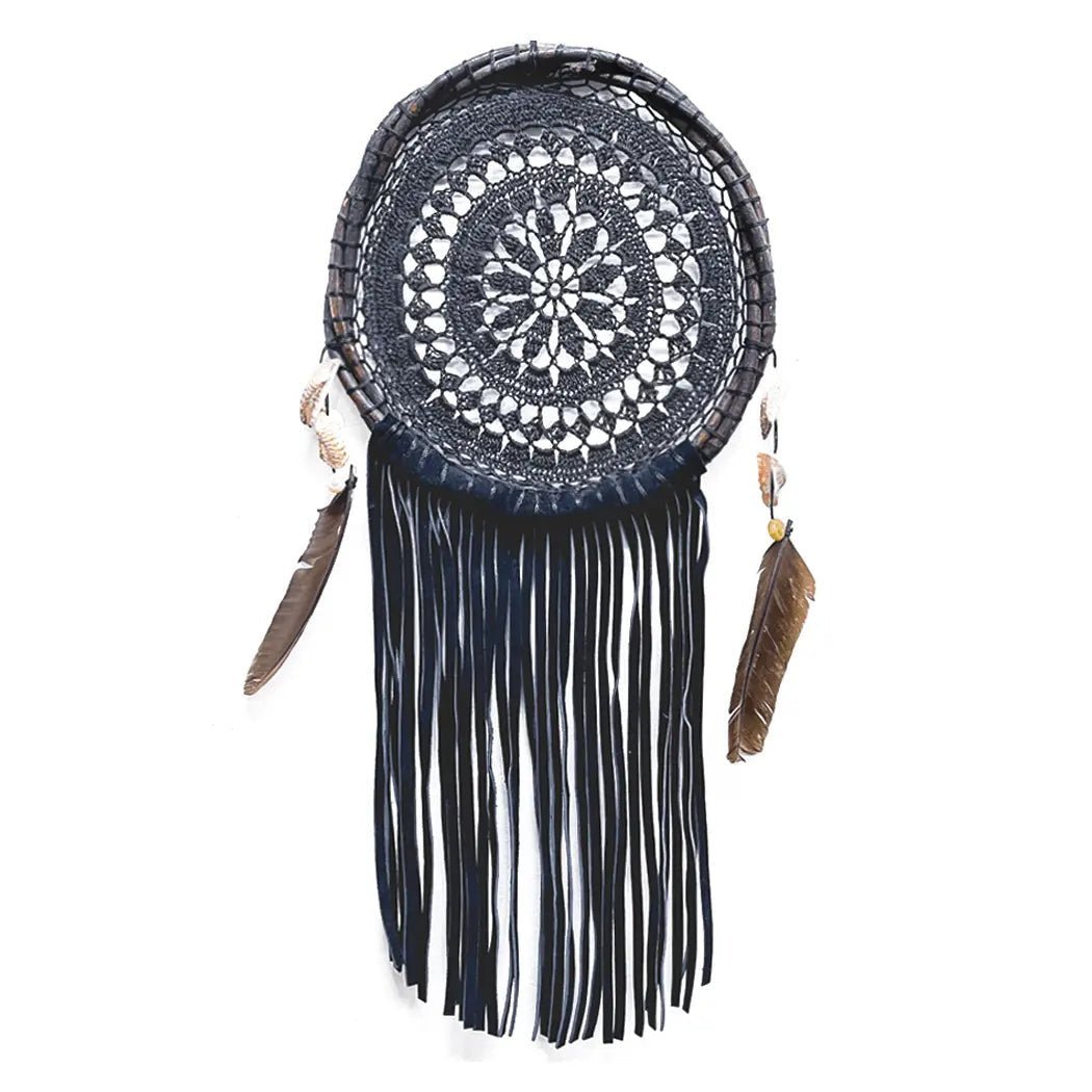 crochet Tulum black dreamcatcher with feathers suede and seashells
