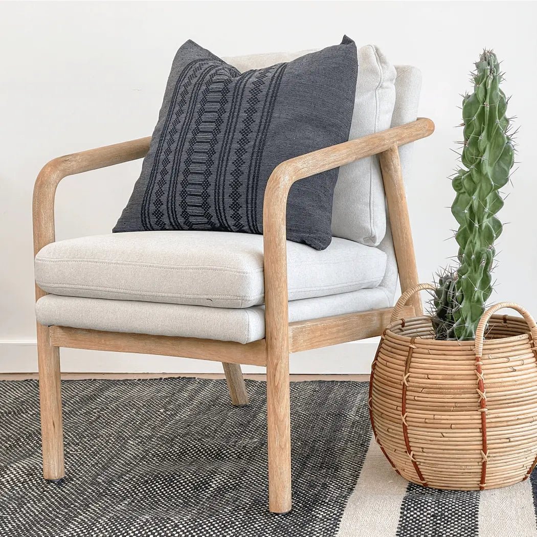 Grey & White Hand Woven Pillow With Fringe - H U N T E D F O X