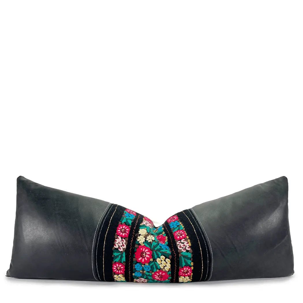 Black Leather Vintage Floral Lumbar - H U N T E D F O X