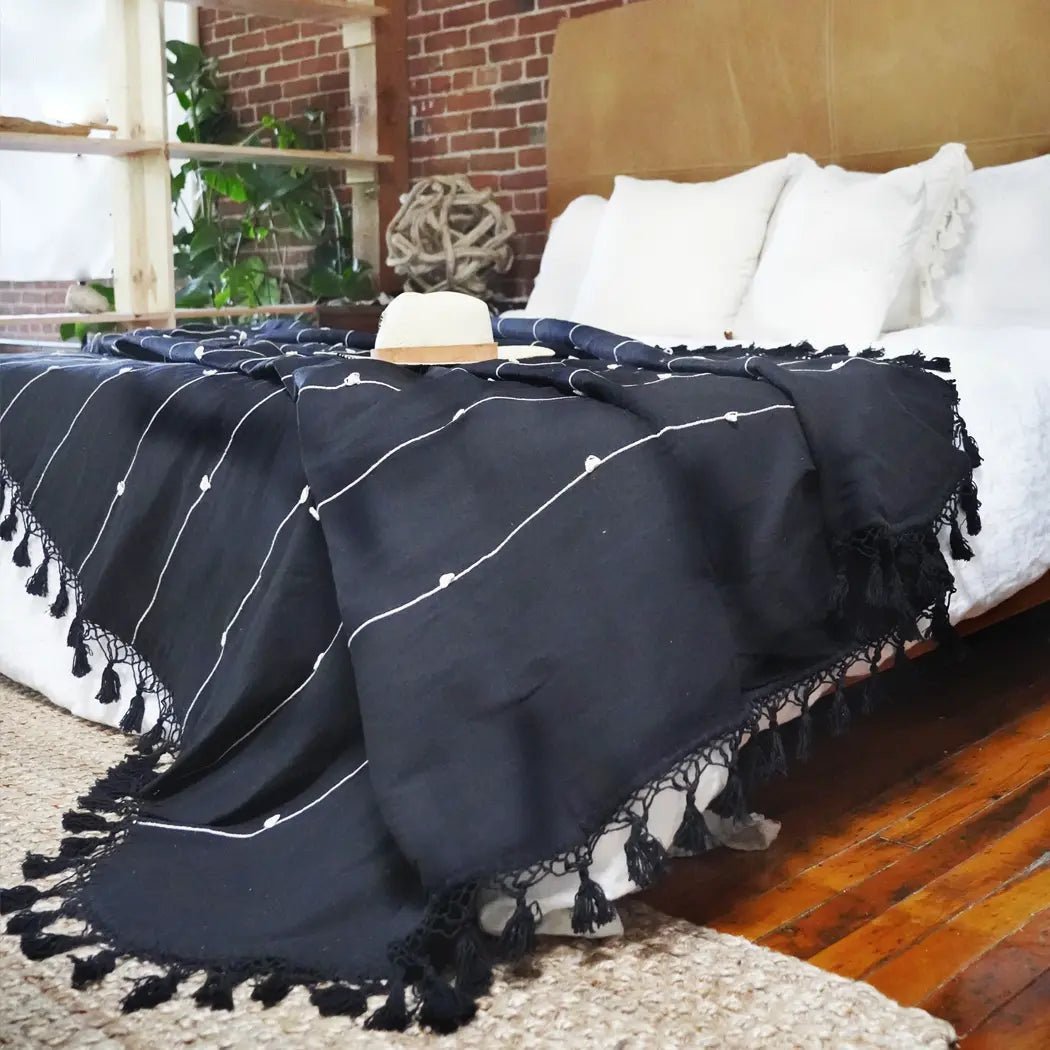 Gorgeous Moroccan pompom retailer blanket , cotton 100% ,handmade, Bed Cover White and Silver Stripes