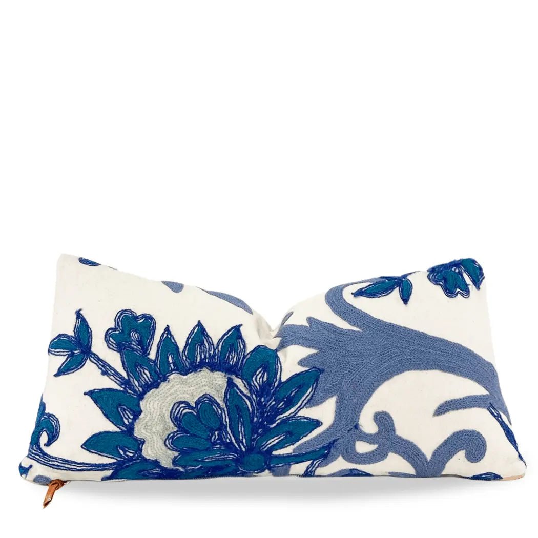 Blue And White White Floral Embroidered Throw Pillow - H U N T E D F O X