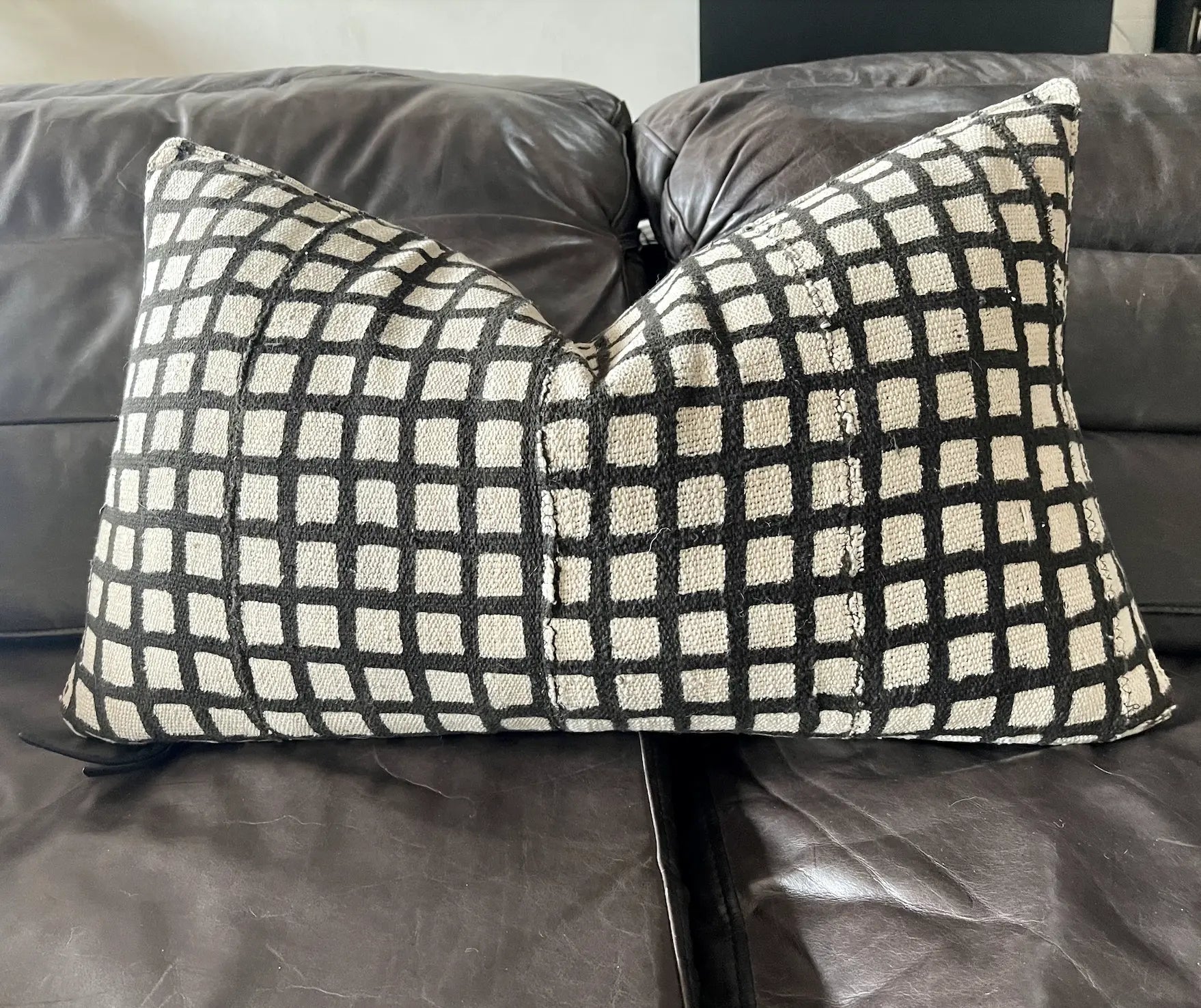 B&W Checker Mudcloth & Leather Lumbar - H U N T E D F O X