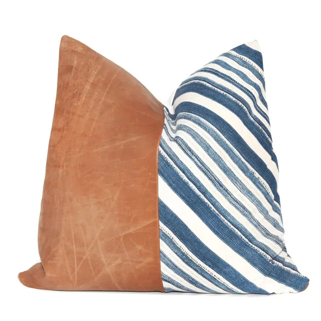 Leather Blue & White Striped Indigo Accent Pillow - HUNTEDFOX