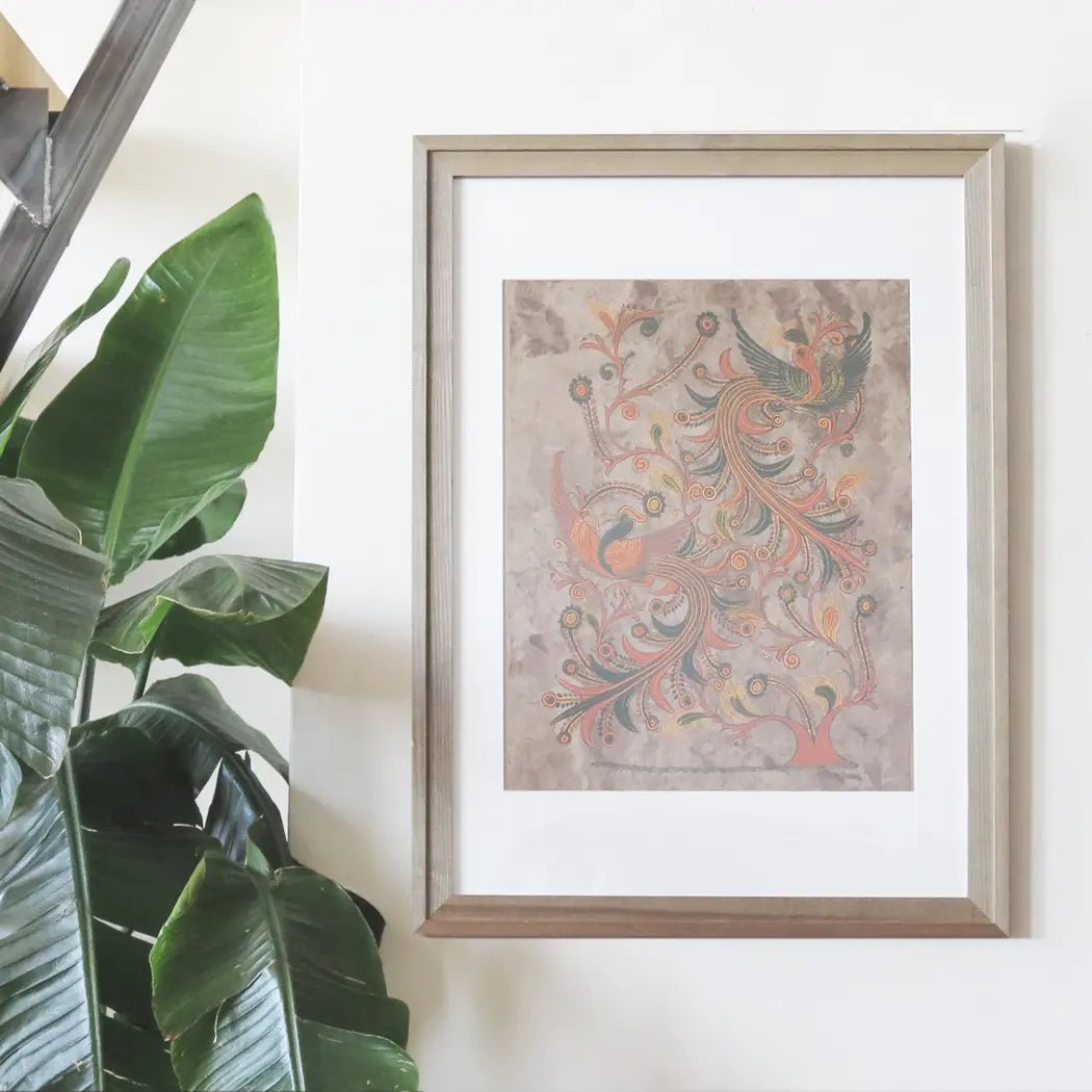 Mexican Amate Orange and Brown Bird Painting - H U N T E D F O X