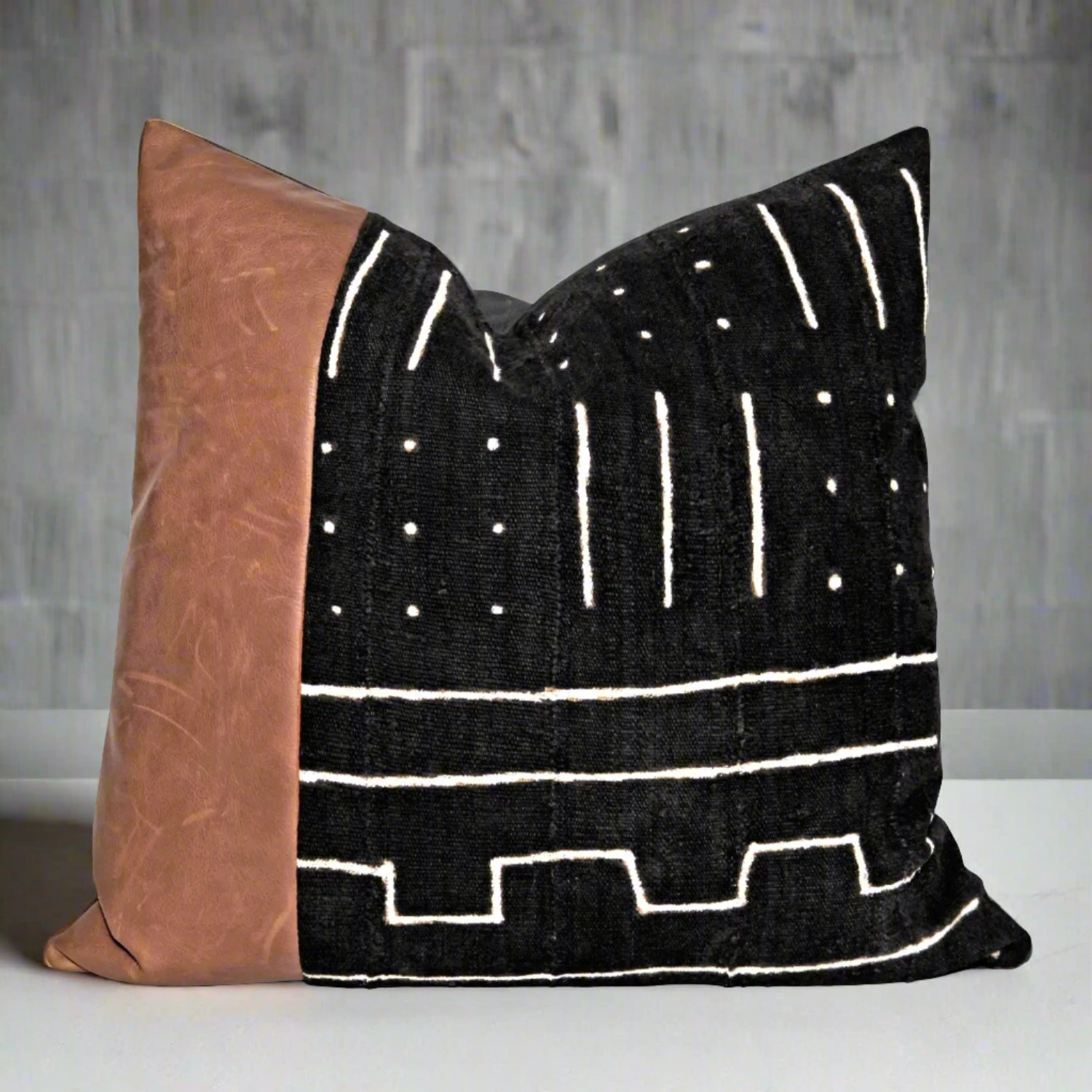Modern Geometric Black Mudcloth Pillow with Leather Euro Pillow