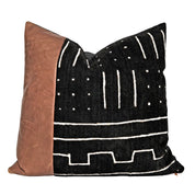 Modern Geometric Black Mudcloth Pillow with Leather Strip H U N T E D F O X