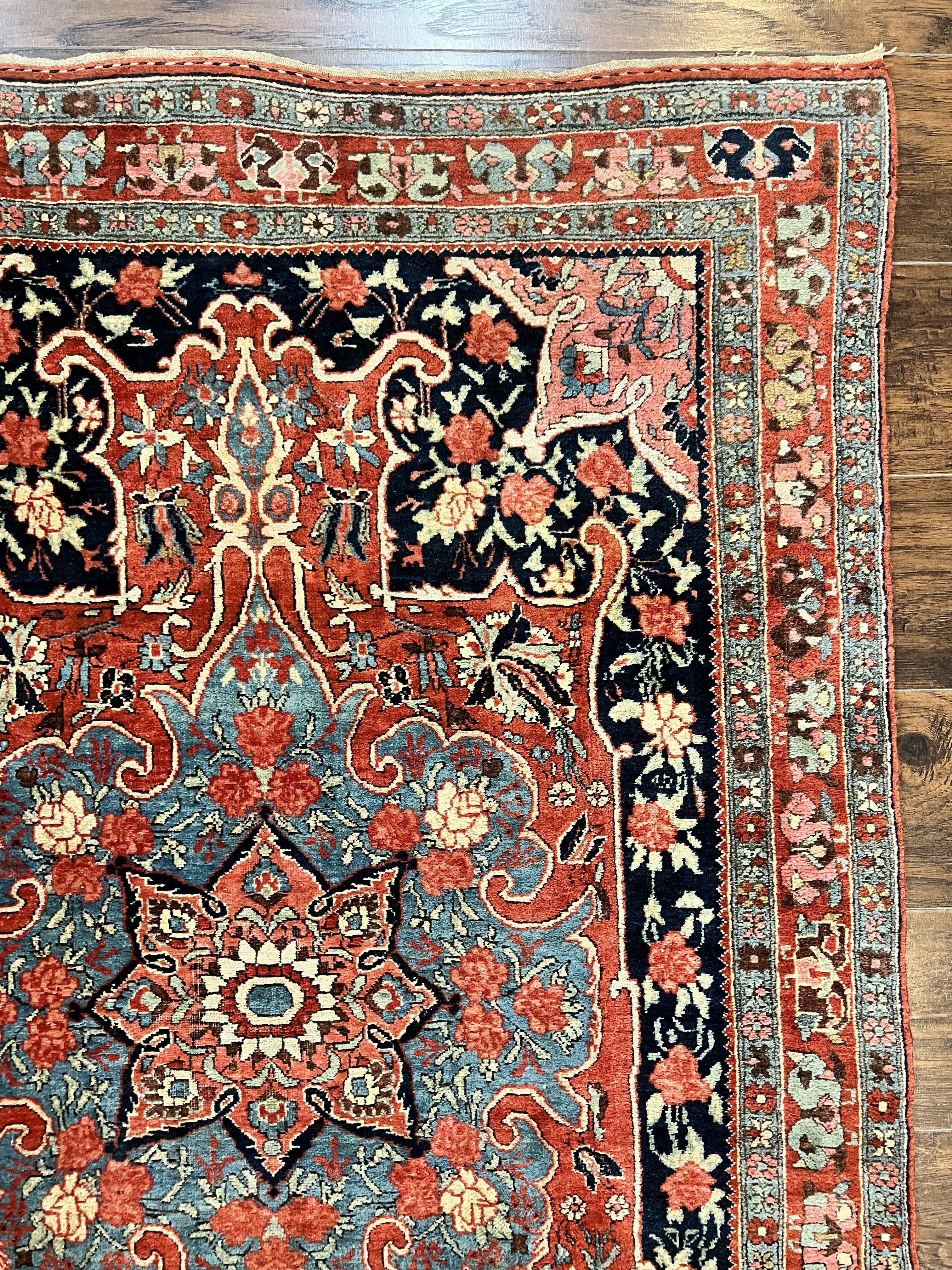 Antique Persian Bidjar Rug 4x5, Red and Blue, Hand Knotted Wool Carpet