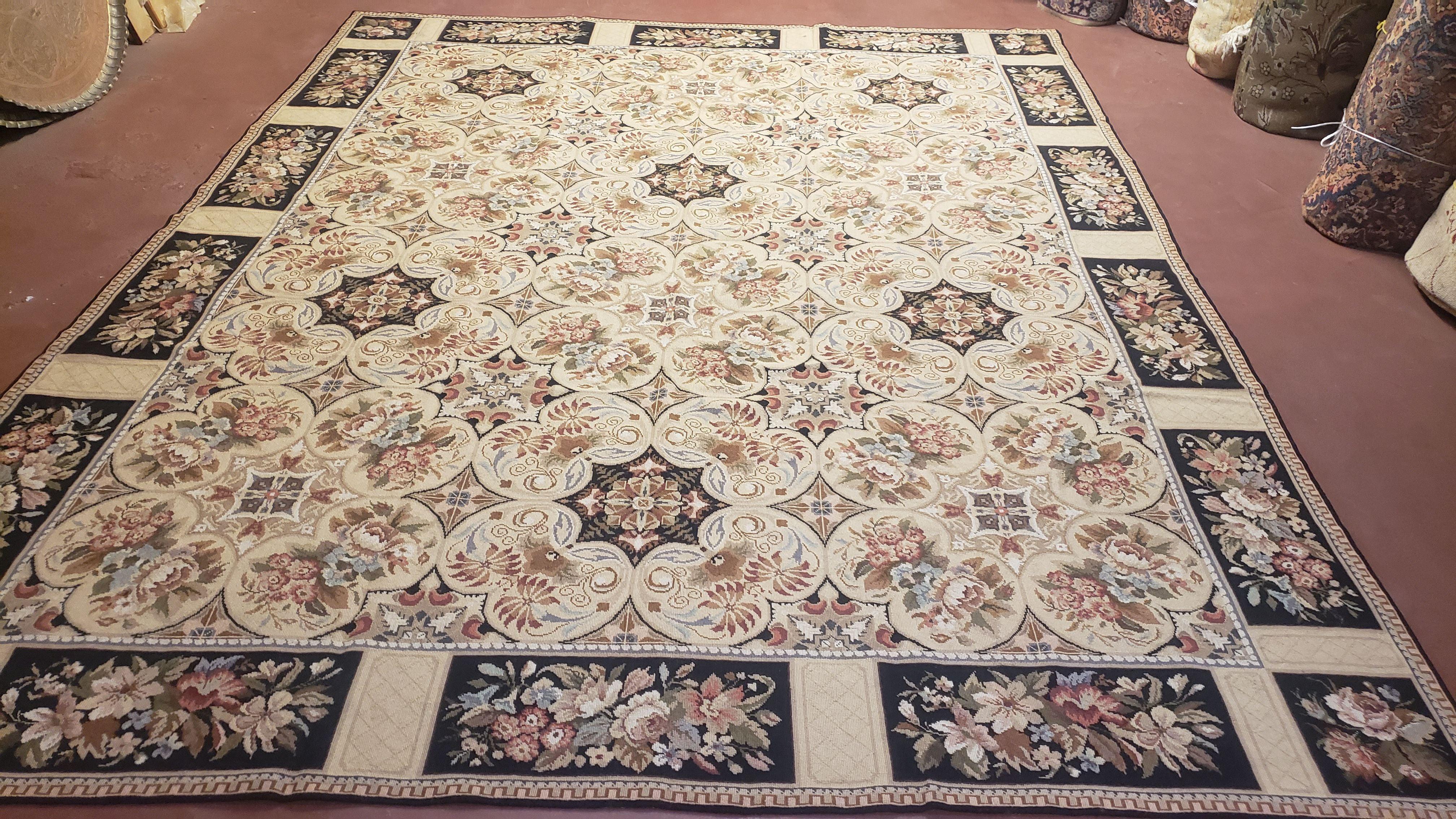 Needlepoint Rug 8x10ft Allover European Design Flowers 100% Wool Hand Knotted Aubusson Area Rug Brand New Flatweave Needle Point Carpet Chic