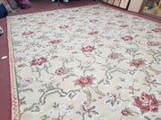 Needlepoint Rug 10x14 Wool Flatweave Carpet, English Floral Pattern, Pale Yellow, Roses, Allover Pattern, Handmade Large Needlepoint Nice