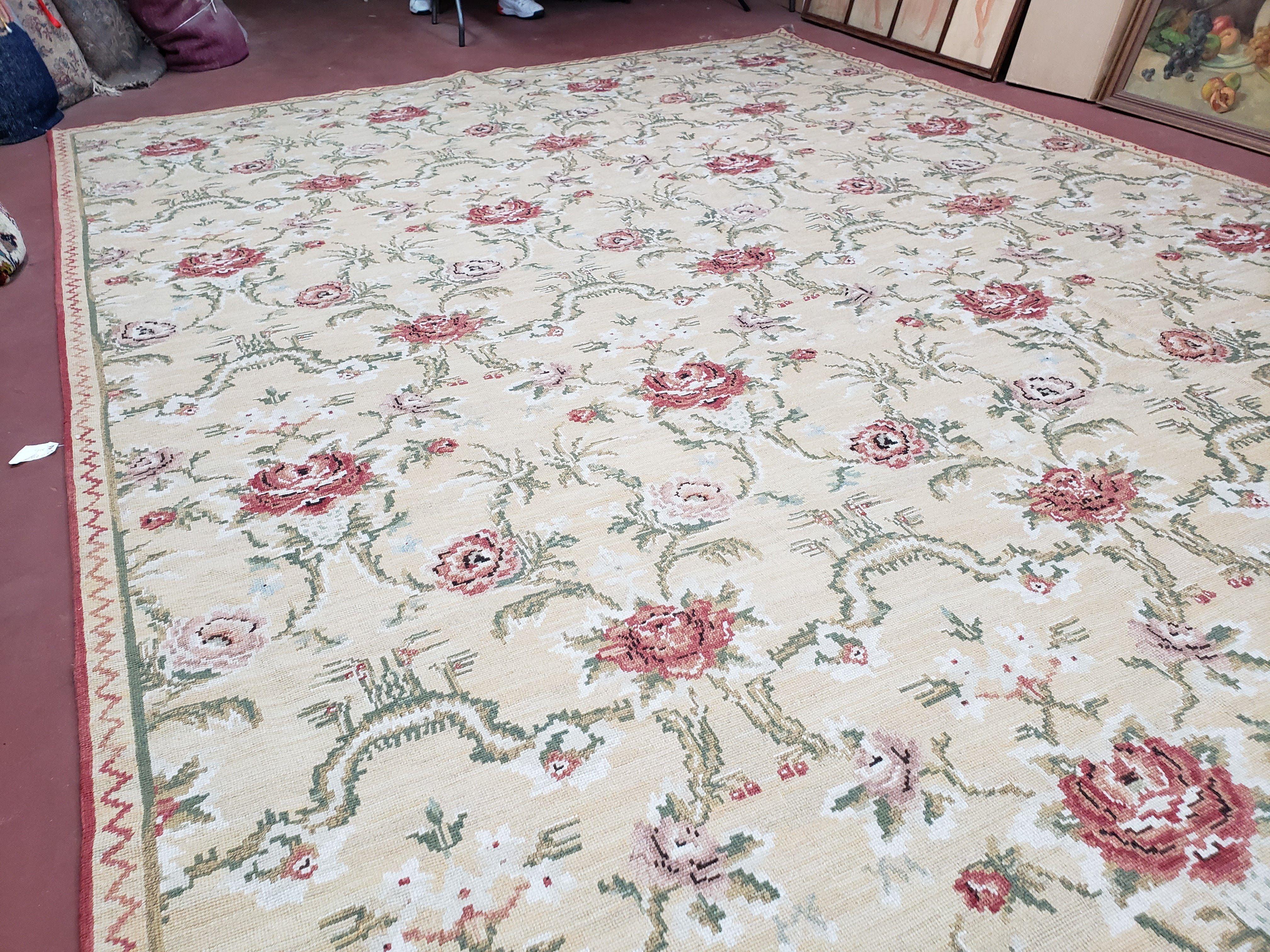 Needlepoint Rug 10x14 Wool Flatweave Carpet, English Floral Pattern, Pale Yellow, Roses, Allover Pattern, Handmade Large Needlepoint Nice