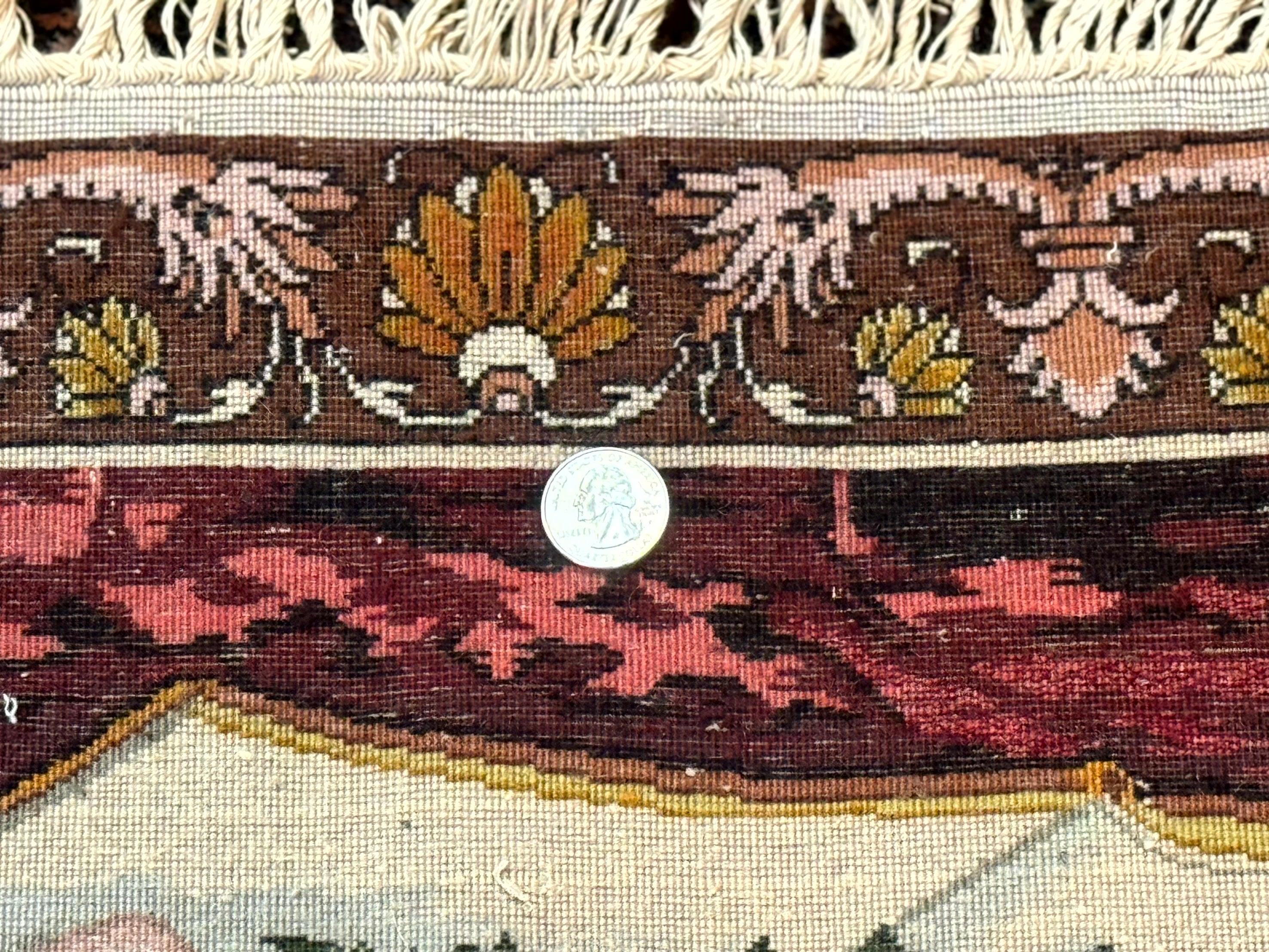 Small Persian Tabriz Pictorial Rug of Young Girl, Very Fine 380 KPSI, Portrait of Young Lady with Roses, Handmade, Persian Rug for Wall Hanging