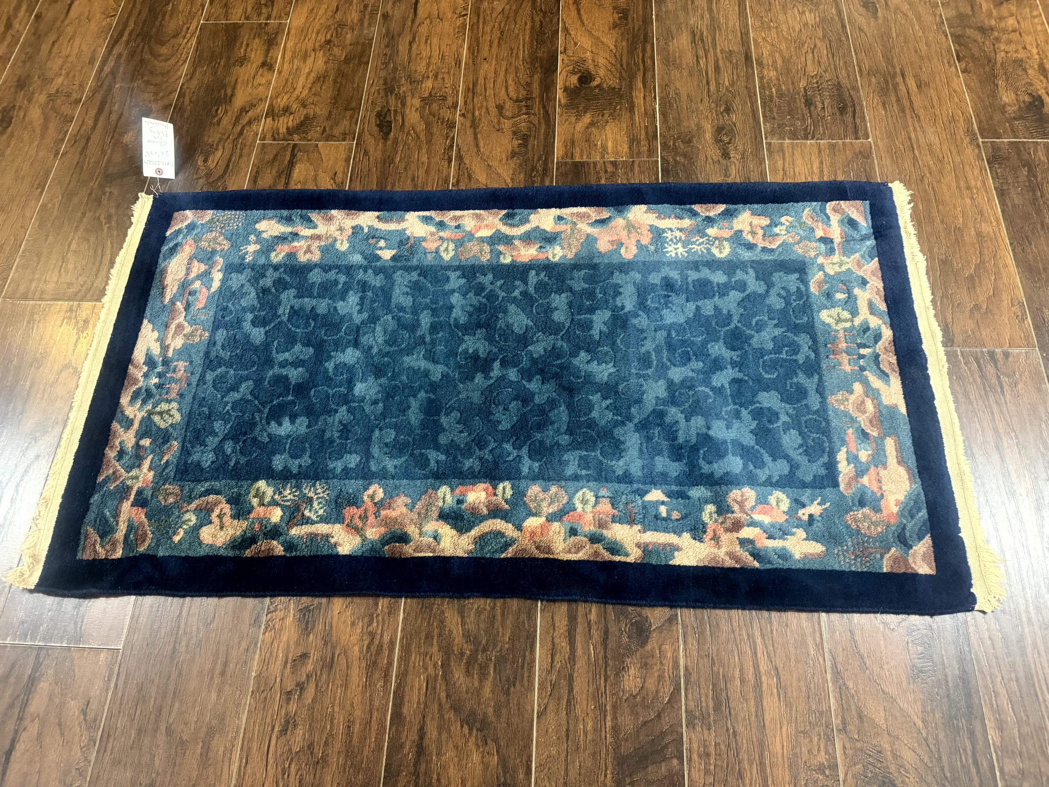Blue Chinese Wool Rug 2.5 x 4, Peking Rug, Fete Rug, Semi Antique Chinese Carpet
